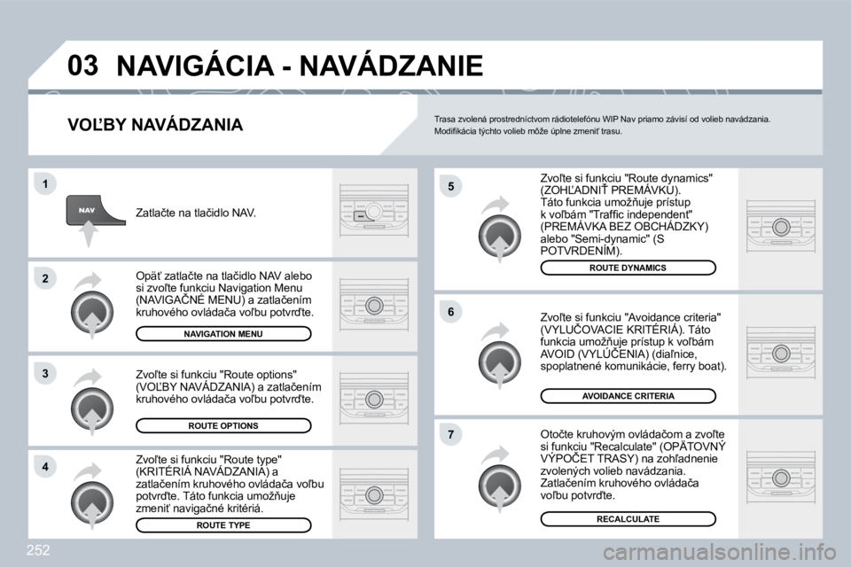 PEUGEOT 3008 2009.5.  Návod na použitie (in Slovakian) 252
03
5
6
7
1
2
3
4
 NAVIGÁCIA - NAVÁDZANIE 
� � �V�O,�B�Y� �N�A�V�Á�D�Z�A�N�I�A� 
� �Z�v�o-�t�e� �s�i� �f�u�n�k�c�i�u� �"�R�o�u�t�e� �d�y�n�a�m�i�c�s�"� �(�Z�O�H,�A�D�N�I>� �P�R�E�M�
