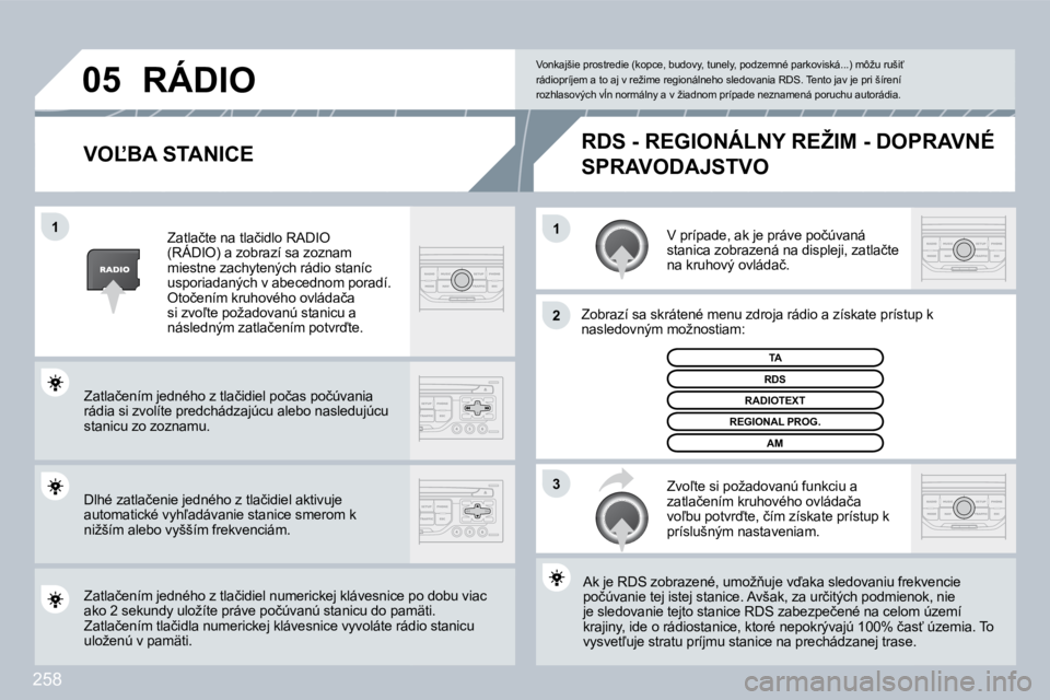 PEUGEOT 3008 2009.5.  Návod na použitie (in Slovakian) 258
11
2
3
05
� � �V�O,�B�A� �S�T�A�N�I�C�E� 
� �V� �p�r�í�p�a�d�e�,� �a�k� �j�e� �p�r�á�v�e� �p�o�č�ú�v�a�n�á� �s�t�a�n�i�c�a� �z�o�b�r�a�z�e�n�á� �n�a� �d�i�s�p�l�e�j�i�,� �z�a�t�l�a�č�t�e� 