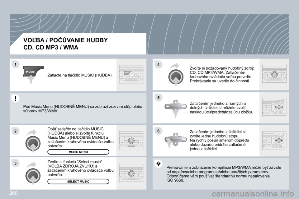 PEUGEOT 3008 2009.5.  Návod na použitie (in Slovakian) 260
1
2
3
5
4
6
� � � � � � � � � � �V�O,�B�A� �/� �P�O�Č�Ú�V�A�N�I�E� �H�U�D�B�Y� � 
CD, CD MP3 / WMA 
� �P�r�e�h�r�á�v�a�n�i�e� �a� �z�o�b�r�a�z�e�n�i�e� �k�o�m�p�i�l�á�c�i�e� �M�P�3�/�W�M�A� �