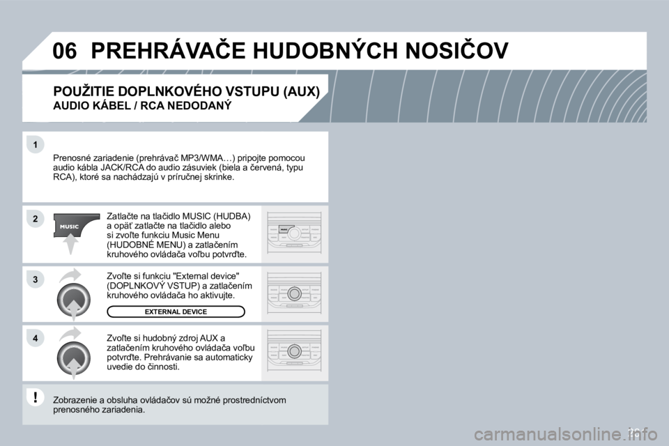 PEUGEOT 3008 2009.5.  Návod na použitie (in Slovakian) 261
1
2
3
4
06
� �P�r�e�n�o�s�n�é� �z�a�r�i�a�d�e�n�i�e� �(�p�r�e�h�r�á�v�a�č� �M�P�3�/�W�M�A�…�)� �p�r�i�p�o�j�t�e� �p�o�m�o�c�o�u� � �P�r�e�n�o�s�n�é� �z�a�r�i�a�d�e�n�i�e� �(�p�r�e�h�r�á�v�a