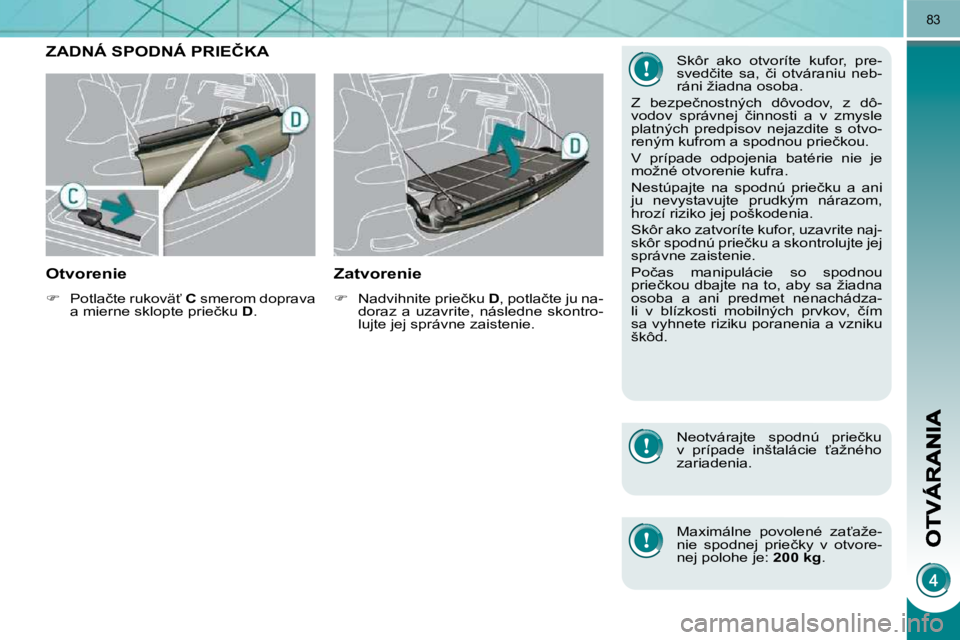PEUGEOT 3008 2009.5.  Návod na použitie (in Slovakian) 83
� � � � � � � � � �Z�A�D�N�Á� �S�P�O�D�N�Á� �P�R�I�E�Č�K�A� 
� � �O�t�v�o�r�e�n�i�e� 
   
� � �  �P�o�t�l�a�č�t�e� �r�u�k�o�v�ä?� �  C� � �s�m�e�r�o�m� �d�o�p�r�a�v�a� 
�a� �m�i�e�r�n�e� �