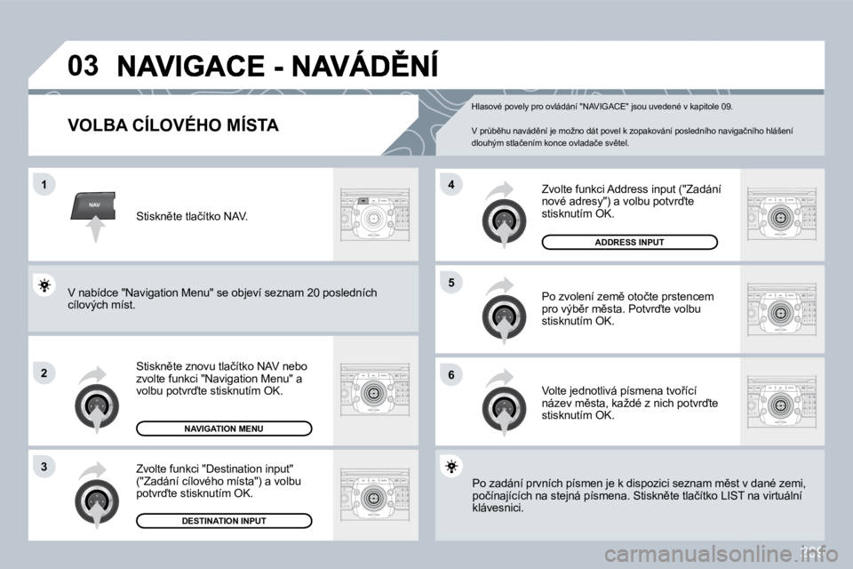PEUGEOT 3008 2009.5.  Návod na použití (in Czech) �2�0�9
NAV
03
1
�2
3
�6
5
�4
  VOLBA CÍLOVÉHO MÍSTA 
� �S�t�i�s�k�n)�t�e� �z�n�o�v�u� �t�l�a�č�í�t�k�o� �N�A�V� �n�e�b�o� �z�v�o�l�t�e� �f�u�n�k�c�i� �"�N�a�v�i�g�a�t�i�o�n� �M�e�n�u�"� 