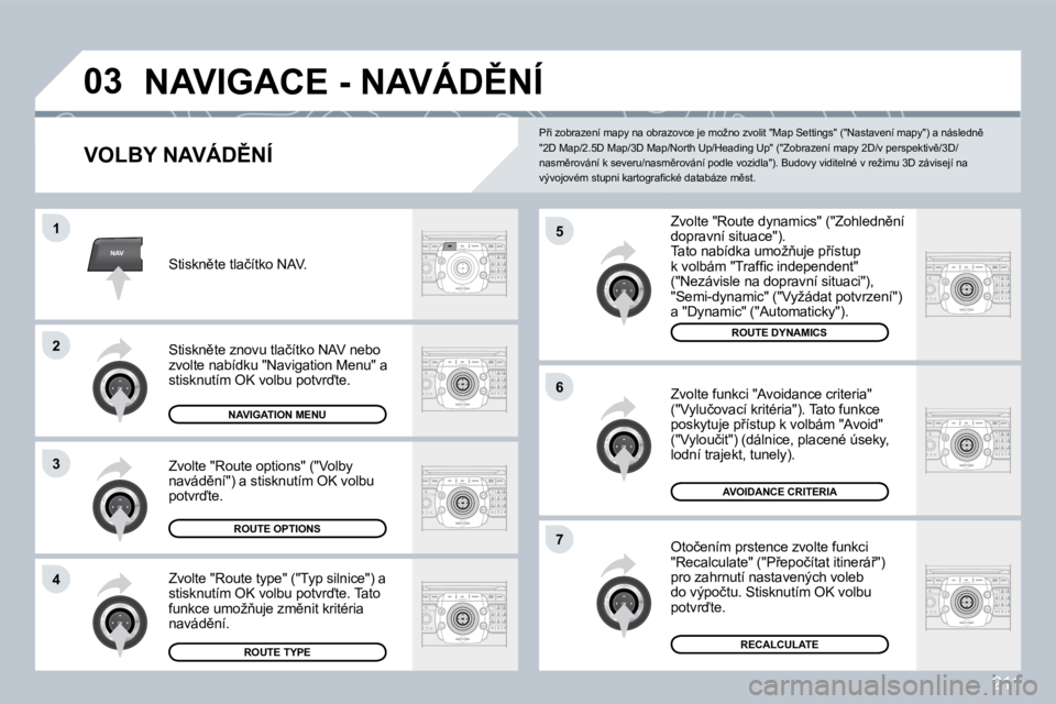 PEUGEOT 3008 2009.5.  Návod na použití (in Czech) �2�1�1
NAV
03
5
�6
�7
1
�2
3
�4
� �N�A�V�I�G�A�C�E� �-� �N�A�V�Á�D(�N�Í� 
� � �V�O�L�B�Y� �N�A�V�Á�D(�N�Í� 
� �Z�v�o�l�t�e� �"�R�o�u�t�e� �d�y�n�a�m�i�c�s�"� �(�"�Z�o�h�l�e�d�n)�n�