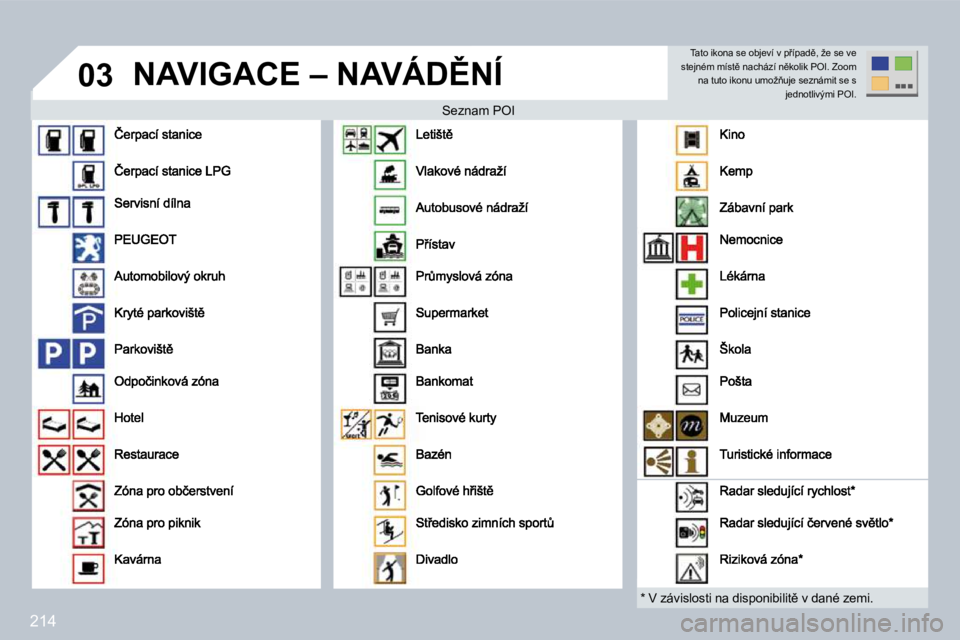 PEUGEOT 3008 2009.5.  Návod na použití (in Czech) �2�1�4
03� �N�A�V�I�G�A�C�E� �–� �N�A�V�Á�D(�N�Í� 
� � �S�e�z�n�a�m� �P�O�I� � � �S�e�z�n�a�m� �P�O�I� 
� � �*� � � �V� �z�á�v�i�s�l�o�s�t�i� �n�a� �d�i�s�p�o�n�i�b�i�l�i�t)� �v� �d�a�n�é� �z�