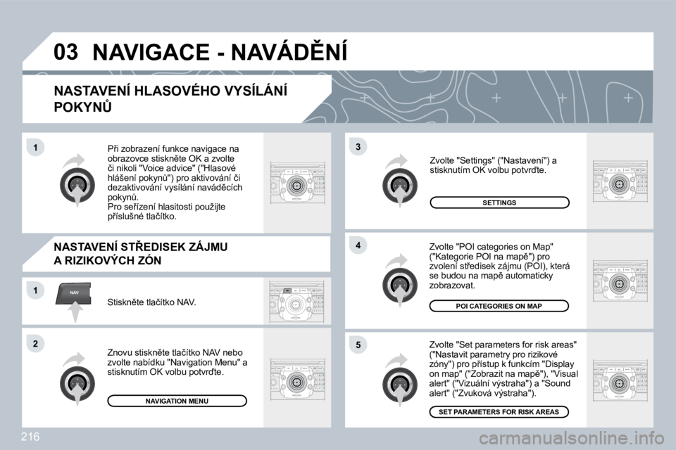 PEUGEOT 3008 2009.5.  Návod na použití (in Czech) �2�1�6
03
5
3
�4
NAV1
�2
1
  NASTAVENÍ HLASOVÉHO VYSÍLÁNÍ 
�P�O�K�Y�N#� 
� �Z�v�o�l�t�e� �"�S�e�t� �p�a�r�a�m�e�t�e�r�s� �f�o�r� �r�i�s�k� �a�r�e�a�s�"� �(�"�N�a�s�t�a�v�i�t� �p�a�r�
