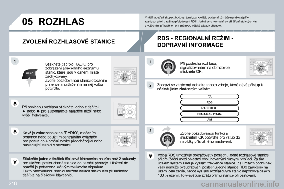 PEUGEOT 3008 2009.5.  Návod na použití (in Czech) �2�1�8
RADIO
11
�2
3
05
  ZVOLENÍ ROZHLASOVÉ STANICE 
� �P9�i� �p�o�s�l�e�c�h�u� �r�o�z�h�l�a�s�u�,� �s�i�g�n�a�l�i�z�o�v�a�n�é�m� �n�a� �o�b�r�a�z�o�v�c�e�,� �s�t�i�s�k�n)�t�e� �O�K�.� 
� �Z�o�b