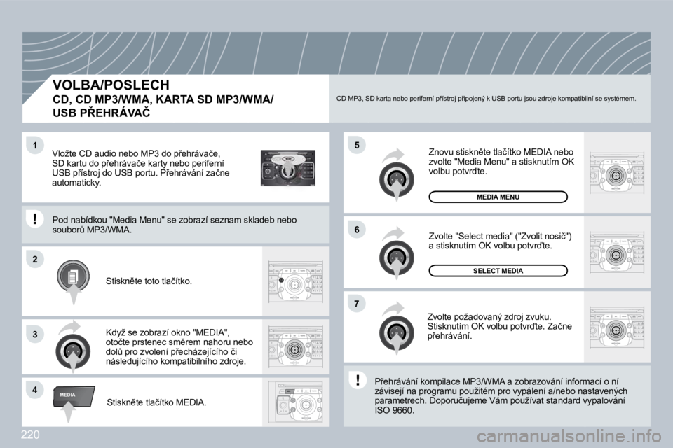 PEUGEOT 3008 2009.5.  Návod na použití (in Czech) 220
2
ABC 3
DEF
5
JKL
4
GHI 6
MNO
8
TUV
7
PQRS 9
WXYZ
0
* #
1
RADIO MEDIA
NAV ESC TRAFFIC
SETUP
ADDR BOOK
�4
5
�6
�2
�7
3
1
MEDIA
  VOLBA/POSLECH  
CD, CD MP3/WMA, KARTA SD MP3/WMA/
�U�S�B� �P8�E�H�R