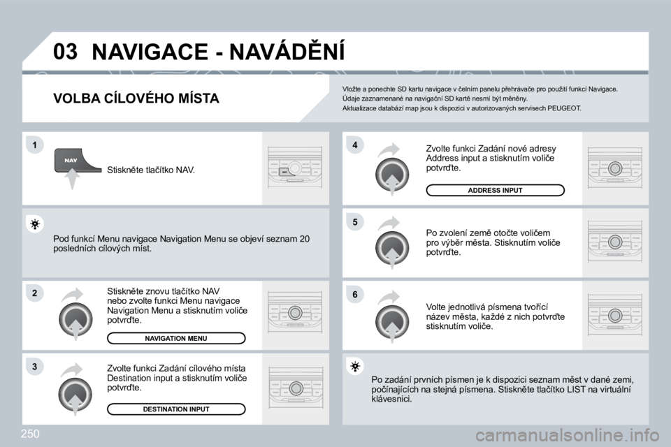 PEUGEOT 3008 2009.5.  Návod na použití (in Czech) �2�5�0
03
1
2
3
6
�5
4
�N�A�V�I�G�A�C�E� �-� �N�A�V�Á�D(�N�Í� 
  VOLBA CÍLOVÉHO MÍSTA 
� �S�t�i�s�k�n)�t�e� �z�n�o�v�u� �t�l�a�č�í�t�k�o� �N�A�V� �n�e�b�o� �z�v�o�l�t�e� �f�u�n�k�c�i� �M�e�n�