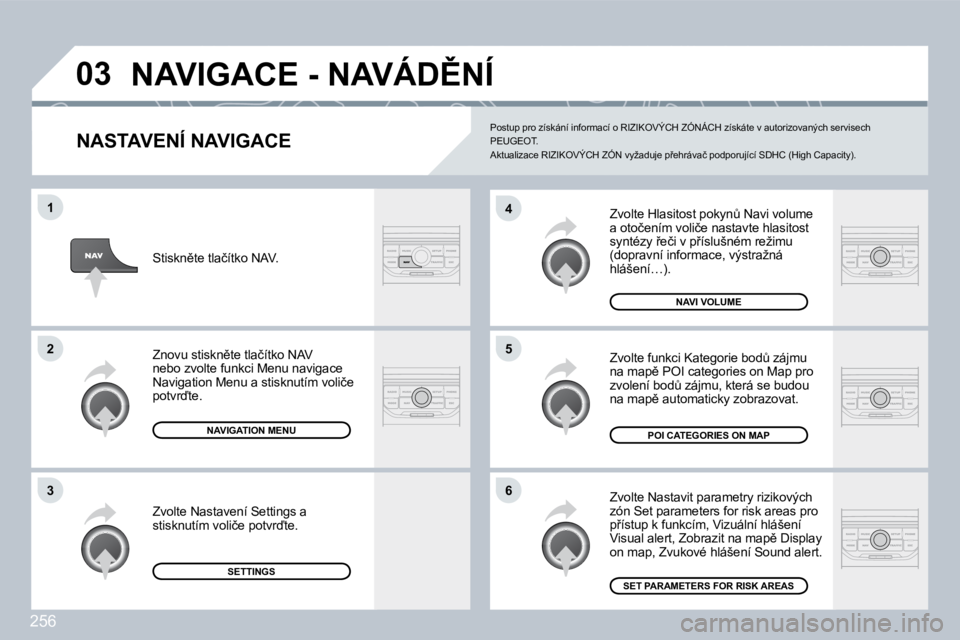 PEUGEOT 3008 2009.5.  Návod na použití (in Czech) 256
03
6
4
�5
1
2
3
  NASTAVENÍ NAVIGACE 
� �Z�v�o�l�t�e� �H�l�a�s�i�t�o�s�t� �p�o�k�y�nA� �N�a�v�i� �v�o�l�u�m�e� �a� �o�t�o�č�e�n�í�m� �v�o�l�i�č�e� �n�a�s�t�a�v�t�e� �h�l�a�s�i�t�o�s�t� �s�y�n