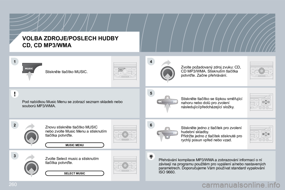 PEUGEOT 3008 2009.5.  Návod na použití (in Czech) �2�6�0
1
2
3
�5
4
6
VOLBA ZDROJE/POSLECH HUDBY  
CD, CD MP3/WMA 
� �P9�e�h�r�á�v�á�n�í� �k�o�m�p�i�l�a�c�e� �M�P�3�/�W�M�A� �a� �z�o�b�r�a�z�o�v�á�n�í� �i�n�f�o�r�m�a�c�í� �o� �n�í� � �P9�e�h