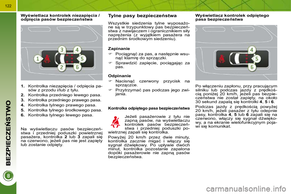 PEUGEOT 3008 2008.5  Instrukcja obsługi (in Polish) �1�2�2
   
�1�.�  �  �K�o�n�t�r�o�l�k�a� �n�i�e�z�a�p�i
�c�i�a� �/� �o�d�p�i
�c�i�a� �p�a�-
�s�ó�w� �z� �p�r�z�o�d�u� �i�/�l�u�b� �z� �t�y�ł�u�.� 
  
�2�.�  �  �K�o�n�t�r�o�l�k�a� �p�r�z�e�d�n�i�e
