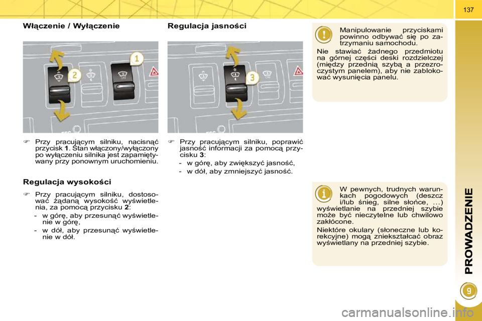 PEUGEOT 3008 2008.5  Instrukcja obsługi (in Polish) 137
� � �W�  �p�e�w�n�y�c�h�,�  �t�r�u�d�n�y�c�h�  �w�a�r�u�n�- 
�k�a�c�h�  �p�o�g�o�d�o�w�y�c�h�  �(�d�e�s�z�c�z� 
�i�/�l�u�b�  ;�n�i�e�g�,�  �s�i�l�n�e�  �s�ł�o1�c�e�,�  �…�)� 
�w�y;�w�i�e�t�l