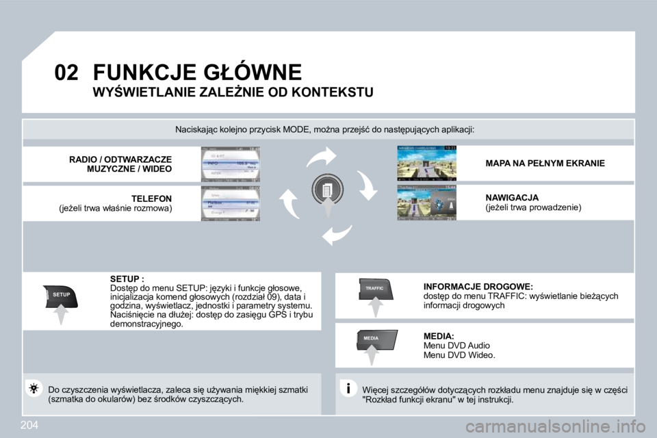 PEUGEOT 3008 2008.5  Instrukcja obsługi (in Polish) 204
�0�2
SETUP
MEDIA
TRAFFIC
� �F�U�N�K�C�J�E� �G�Ł�Ó�W�N�E� � 
� �W�i
�c�e�j� �s�z�c�z�e�g�ó�ł�ó�w� �d�o�t�y�c�z"�c�y�c�h� �r�o�z�k�ł�a�d�u� �m�e�n�u� �z�n�a�j�d�u�j�e� �s�i
� �w� �c�z
