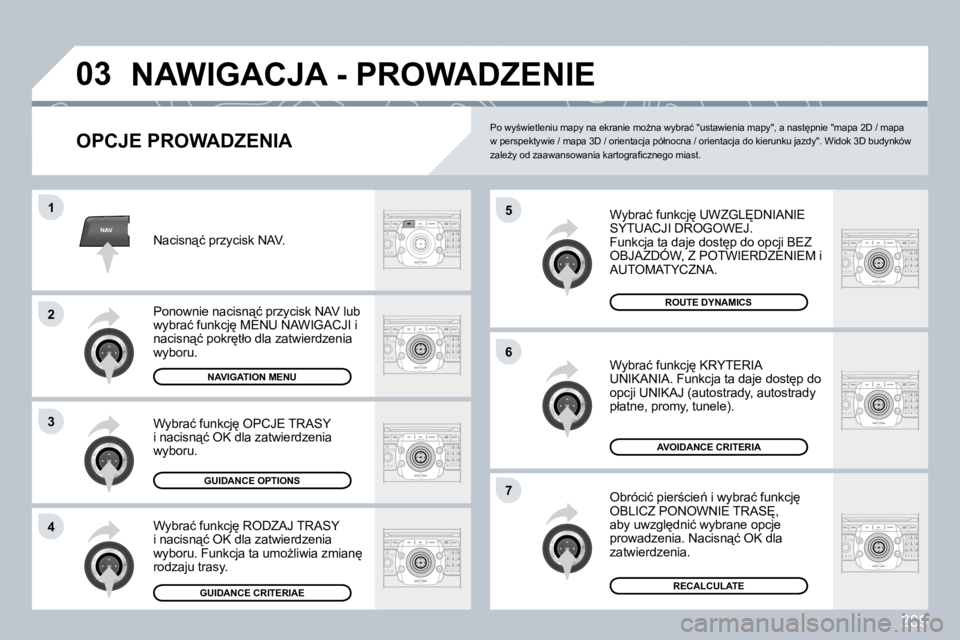 PEUGEOT 3008 2008.5  Instrukcja obsługi (in Polish) 209
NAV
�0�3
�5
�6
�7
�1
�2
3
�4
 NAWIGACJA - PROWADZENIE 
  OPCJE PROWADZENIA 
� �W�y�b�r�a�ć� �f�u�n�k�c�j
� �U�W�Z�G�L&�D�N�I�A�N�I�E� �S�Y�T�U�A�C�J�I� �D�R�O�G�O�W�E�J�.� � �F�u�n�k�c�j�a� �t�