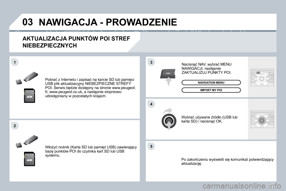 PEUGEOT 3008 2008.5  Instrukcja obsługi (in Polish) 213
�0�3
�5
3
�4
�2
NAV
�1
� �P�o�b�r�a�ć� �z� �I�n�t�e�r�n�e�t�u� �i� �z�a�p�i�s�a�ć� �n�a� �k�a�r�c�i�e� �S�D� �l�u�b� �p�a�m�i
�c�i� �U�S�B� �p�l�i�k� �a�k�t�u�a�l�i�z�a�c�y�j�n�y� �N�I�E�B�E�Z�