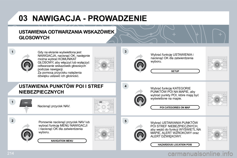 PEUGEOT 3008 2008.5  Instrukcja obsługi (in Polish) 214
�0�3
�5
3
�4
NAV�1
�2
�1
� � �U�S�T�A�W�I�E�N�I�A� �O�D�T�W�A�R�Z�A�N�I�A� �W�S�K�A�Z�Ó�W�E�K� 
�G�Ł�O�S�O�W�Y�C�H� 
� �W�y�b�r�a�ć� �U�S�T�A�W�I�A�N�I�A� �P�U�N�K�T�Ó�W� �P�O�I� �S�T�R�E�F� �