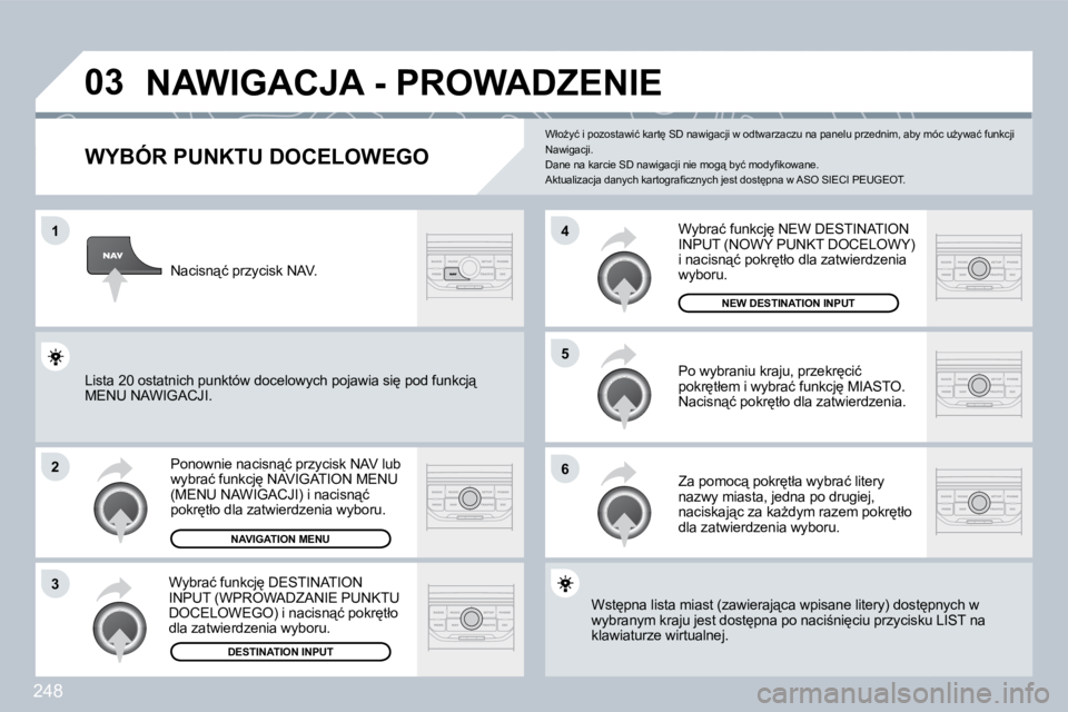 PEUGEOT 3008 2008.5  Instrukcja obsługi (in Polish) 248
�0�3
�1
�2
�3
�6
�5
�4
� �N�A�W�I�G�A�C�J�A� �-� �P�R�O�W�A�D�Z�E�N�I�E� 
� � �W�Y�B�Ó�R� �P�U�N�K�T�U� �D�O�C�E�L�O�W�E�G�O� 
� �P�o�n�o�w�n�i�e� �n�a�c�i�s�n"�ć� �p�r�z�y�c�i�s�k� �N�A�V�