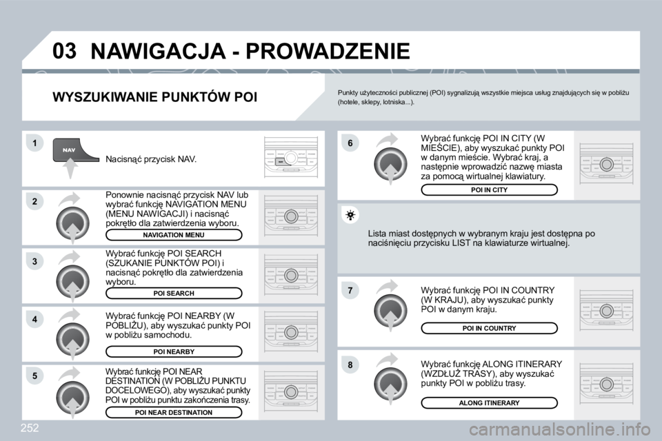 PEUGEOT 3008 2008.5  Instrukcja obsługi (in Polish) 252
�0�3
�1
�2
�3
�4
�7
�8�5
�6
� �N�A�W�I�G�A�C�J�A� �-� �P�R�O�W�A�D�Z�E�N�I�E� 
� � �W�Y�S�Z�U�K�I�W�A�N�I�E� �P�U�N�K�T�Ó�W� �P�O�I� 
� �N�a�c�i�s�n"�ć� �p�r�z�y�c�i�s�k� �N�A�V�.� 
� �P�o�