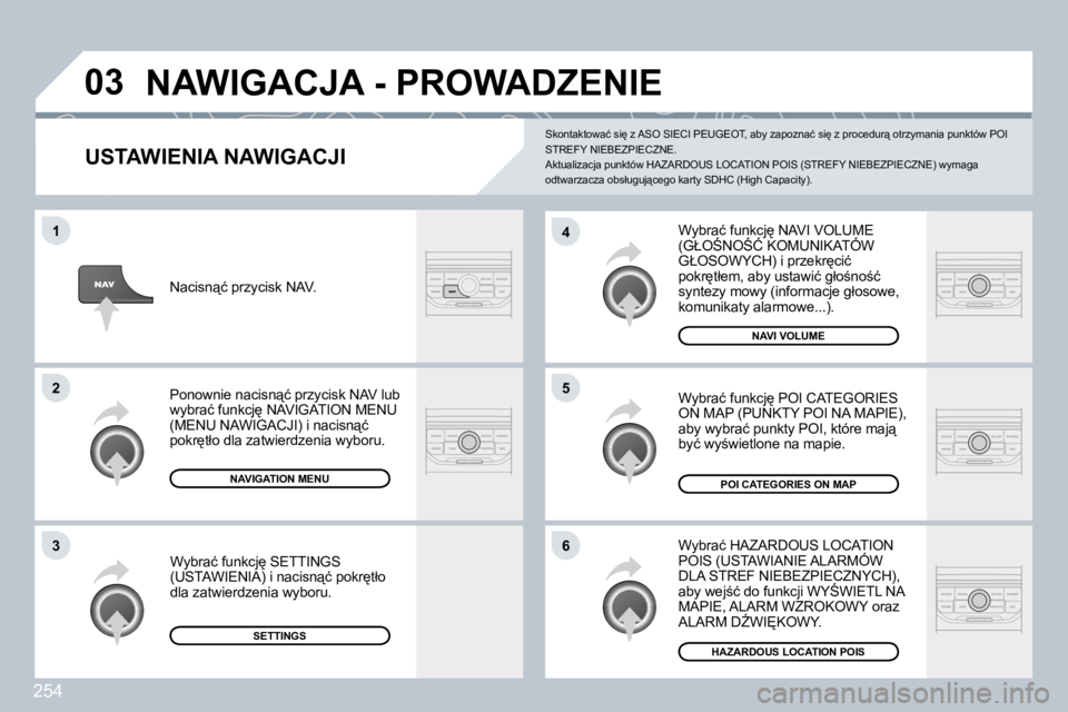 PEUGEOT 3008 2008.5  Instrukcja obsługi (in Polish) 254
�0�3
�6
�4
�5
�1
�2
�3
  USTAWIENIA NAWIGACJI 
� �W�y�b�r�a�ć� �f�u�n�k�c�j
� �N�A�V�I� �V�O�L�U�M�E� �(�G�Ł�O:�N�O:�Ć� �K�O�M�U�N�I�K�A�T�Ó�W� � �W�y�b�r�a�ć� �f�u�n�k�c�j
� �N�A�V�I� �V