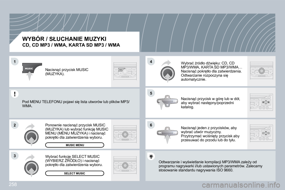 PEUGEOT 3008 2008.5  Instrukcja obsługi (in Polish) 258
�1
�2
�3
�5
�4
�6
� � �W�Y�B�Ó�R� �/� �S�Ł�U�C�H�A�N�I�E� �M�U�Z�Y�K�I� � 
�C�D�,� �C�D� �M�P�3� �/� �W�M�A�,� �K�A�R�T�A� �S�D� �M�P�3� �/� �W�M�A
� �O�d�t�w�a�r�z�a�n�i�e� �i� �w�y;�w�i�e�t�l