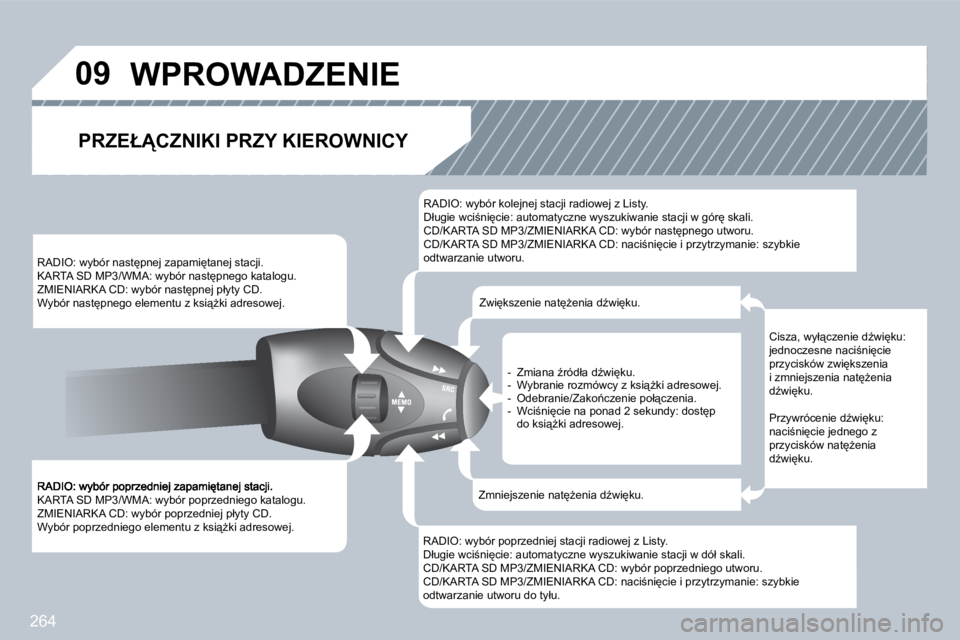 PEUGEOT 3008 2008.5  Instrukcja obsługi (in Polish) 264
�0�9
� �K�A�R�T�A� �S�D� �M�P�3�/�W�M�A�:� �w�y�b�ó�r� �p�o�p�r�z�e�d�n�i�e�g�o� �k�a�t�a�l�o�g�u�.� � �Z�M�I�E�N�I�A�R�K�A� �C�D�:� �w�y�b�ó�r� �p�o�p�r�z�e�d�n�i�e�j� �p�ł�y�t�y� �C�D�.� � �W