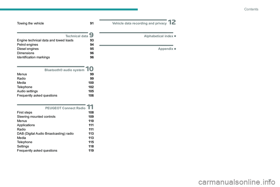 PEUGEOT 301 2022  Owners Manual 3
Contents
Towing the vehicle  91
 9Technical dataEngine technical data and towed loads  93
Petrol engines  94
Diesel engines  95
Dimensions  96
Identification markings  96
 10Bluetooth® audio sy