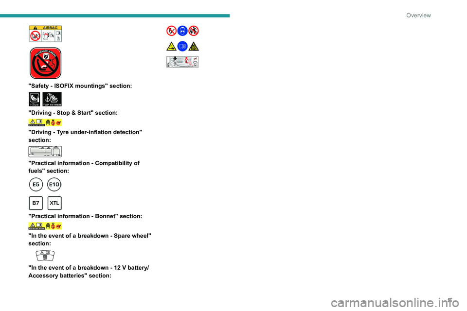 PEUGEOT 301 2022  Owners Manual 5
Overview
 
 
 
"Safety - ISOFIX mountings" section: 
i-SizeTOP TETHER 
"Driving - Stop & Start" section:  
"Driving - Tyre under-inflation detection" 
section:
 
 
"Pract