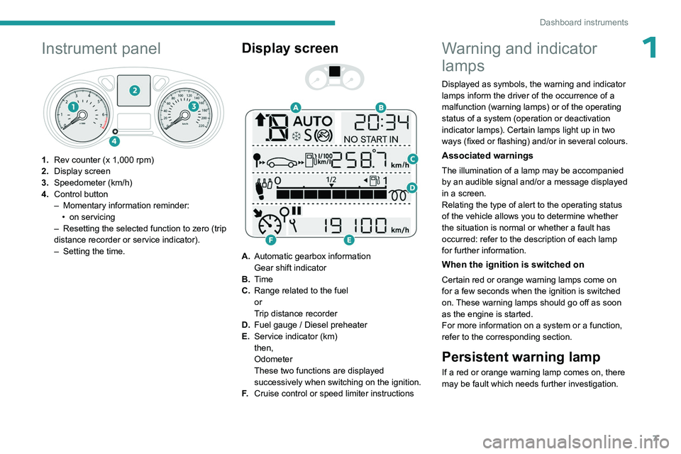 PEUGEOT 301 2022  Owners Manual 7
Dashboard instruments
1Instrument panel 
 
1.Rev counter (x 1,000 rpm)
2. Display screen
3. Speedometer (km/h)
4. Control button
–
 
Momentary information reminder:
•

 
on servicing
–

 
Rese