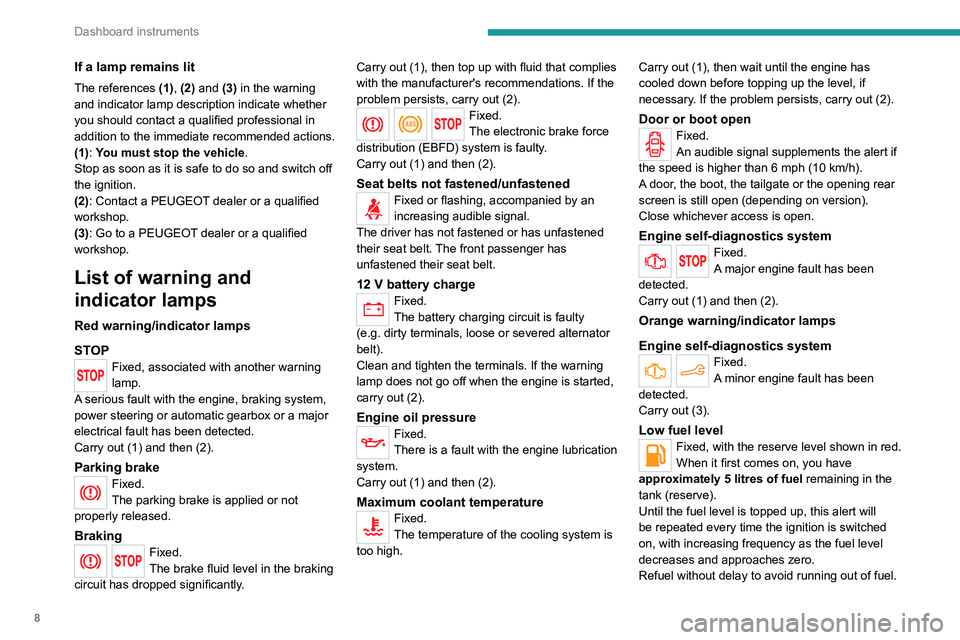 PEUGEOT 301 2022  Owners Manual 8
Dashboard instruments
If a lamp remains lit
The references (1), (2) and (3) in the warning 
and indicator lamp description indicate whether 
you should contact a qualified professional in 
addition 