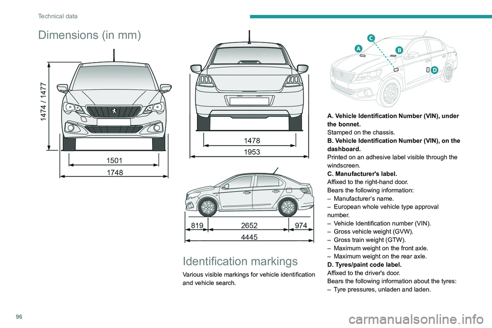 PEUGEOT 301 2022 Owners Manual 96
Technical data
Dimensions (in mm)
Identification markings
Various visible markings for vehicle identification
and vehicle search.
A. Vehicle Identification Number (VIN), under
the PEUGEOT 301 2022 Owners Manual 96
Technical data
Dimensions (in mm)
Identification markings
Various visible markings for vehicle identification
and vehicle search.
A. Vehicle Identification Number (VIN), under
the