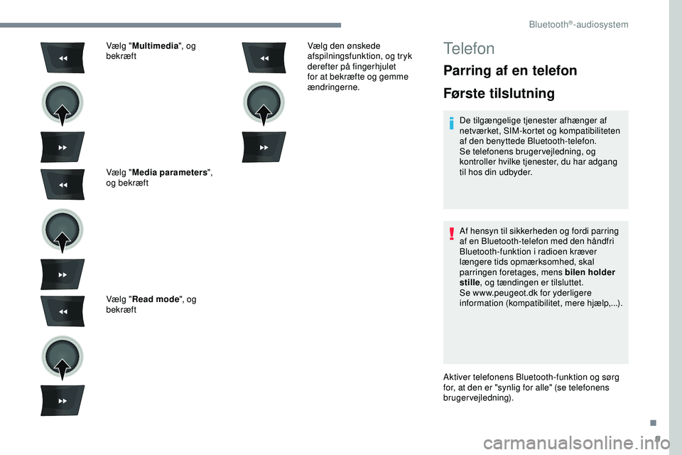 PEUGEOT 301 2022  Brugsanvisning (in Danish) 9
Vælg "Multimedia ", og 
bekræft
Vælg " Media parameters ", 
og bekræft
Vælg " Read mode ", og 
bekræft Vælg den ønskede 
afspilningsfunktion, og tryk 
derefter på fi