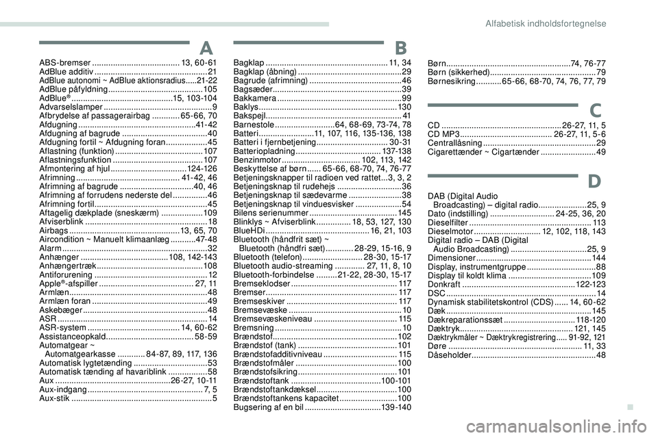 PEUGEOT 301 2022 Brugsanvisning (in Danish) AABS-bremser ...................................... 13, 6 0 - 61
AdBlue additiv ............................... ..................21
AdBlue autonomi ~ AdBlue aktionsradius .....21 -22AdBlue påfyldnin PEUGEOT 301 2022 Brugsanvisning (in Danish) AABS-bremser ...................................... 13, 6 0 - 61
AdBlue additiv ............................... ..................21
AdBlue autonomi ~ AdBlue aktionsradius .....21 -22AdBlue påfyldnin