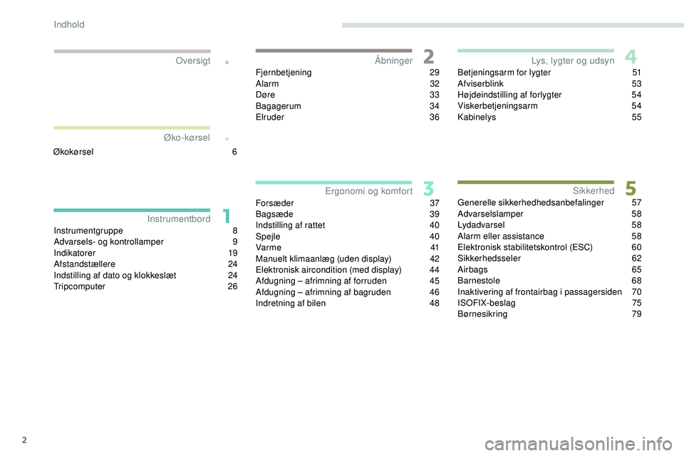 PEUGEOT 301 2022  Brugsanvisning (in Danish) 2
.
.
Instrumentgruppe 8
Advarsels- og kontrollamper 9
I
ndikatorer
 1
 9
Afstandstællere
 2

4
Indstilling af dato og klokkeslæt
 
2
 4
Tripcomputer
 2

6Fjernbetjening
 

29
Alarm
 
 32
Døre  
3
