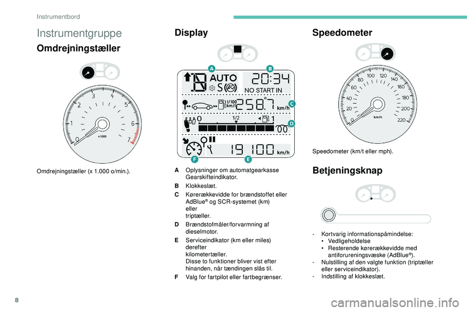 PEUGEOT 301 2022  Brugsanvisning (in Danish) 8
Instrumentgruppe
Omdrejningstæller
Omdrejningstæller (x 1.000 o/min.).
Display
AOplysninger om automatgearkasse
Gearskifteindikator.
B Klokkeslæt.
C Kørerækkevidde for brændstoffet eller 
AdBl