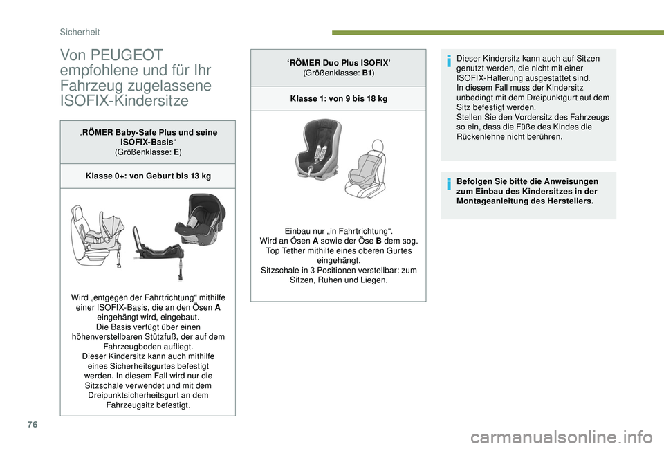 PEUGEOT 301 2022  Betriebsanleitungen (in German) 76
Von PEUGEOT 
empfohlene und für Ihr 
Fahrzeug zugelassene 
ISOFIX-Kindersitze
„RÖMER Baby- Safe Plus und seine 
ISOFIX-Basis “
(Größenklasse: E )
Klasse 0+: von Gebur t bis 13
  kg
Wird „