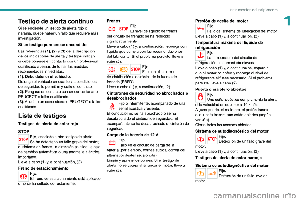PEUGEOT 301 2022  Manual del propietario (in Spanish) 9
Instrumentos del salpicadero
1Testigo de alerta continuo
Si se enciende un testigo de alerta rojo o 
naranja, puede haber un fallo que requiere más 
investigación.
Si un testigo permanece encendid
