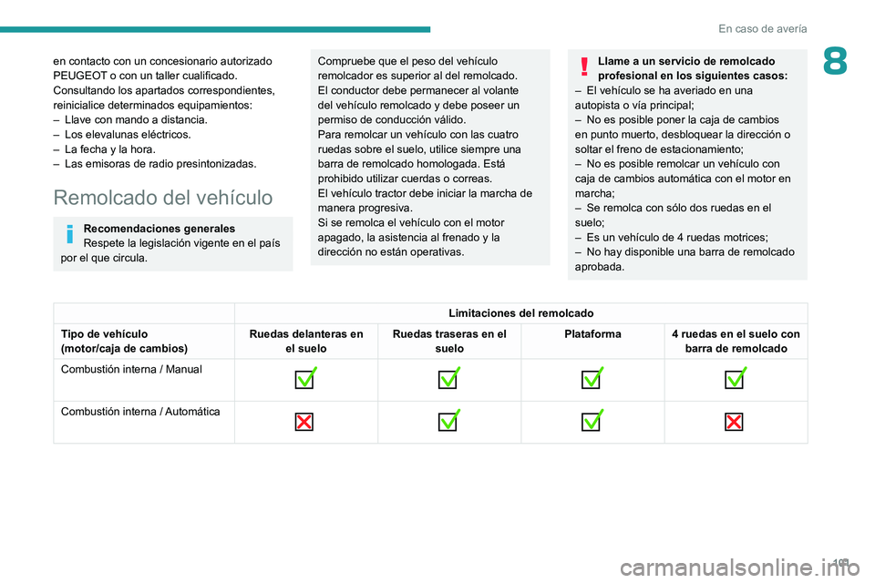 PEUGEOT 301 2022  Manual del propietario (in Spanish) 101
En caso de avería
8en contacto con un concesionario autorizado 
PEUGEOT o con un taller cualificado.
Consultando los apartados correspondientes, 
reinicialice determinados equipamientos:
– 
Lla