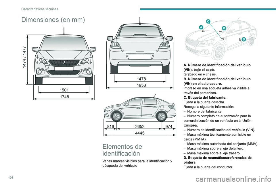 PEUGEOT 301 2022  Manual del propietario (in Spanish) 106
Características técnicas
Dimensiones (en mm) 
 
 
 
 
 
Elementos de 
identificación
Varias marcas visibles para la identificación y 
búsqueda del vehículo
 
 
A. Número de identificación 