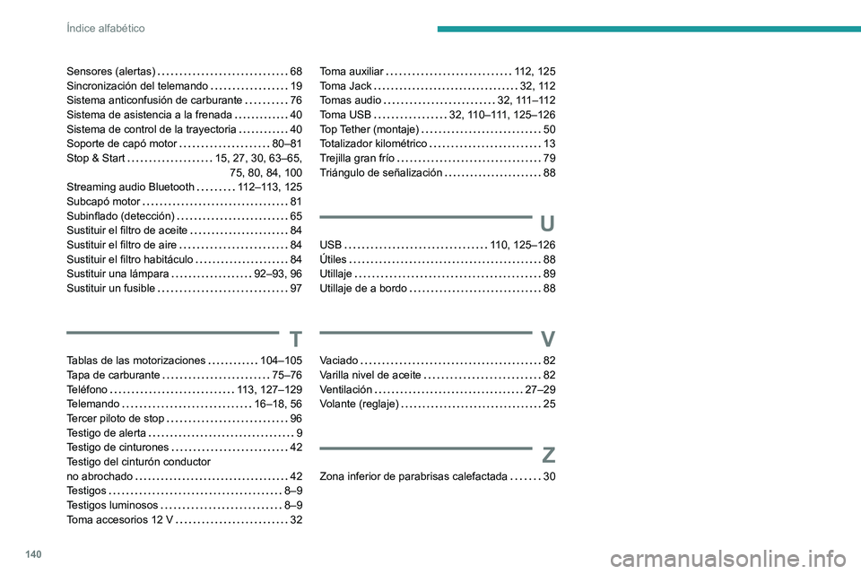 PEUGEOT 301 2022  Manual del propietario (in Spanish) 140
Índice alfabético
Sensores (alertas)     68
Sincronización del telemando     
19
Sistema anticonfusión de carburante
    
76
Sistema de asistencia a la frenada
    
40
Sistema de control de la