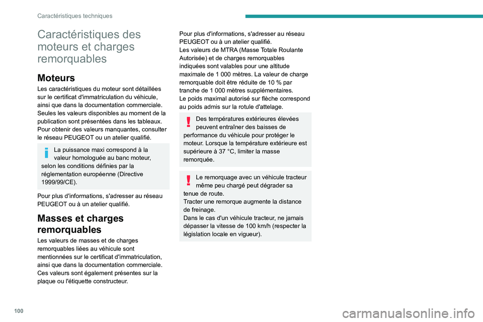 PEUGEOT 301 2022  Manuel du propriétaire (in French) 100
Caractéristiques techniques
Caractéristiques des 
moteurs et charges 
remorquables
Moteurs
Les caractéristiques du moteur sont détaillées 
sur le certificat d'immatriculation du véhicule