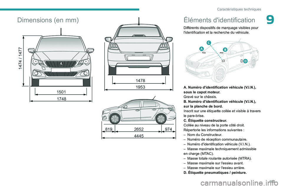PEUGEOT 301 2022  Manuel du propriétaire (in French) 103
Caractéristiques techniques
9Dimensions (en mm) 
 
 
 
 
 
Éléments d'identification
Différents dispositifs de marquage visibles pour 
l'identification et la recherche du véhicule.
 
