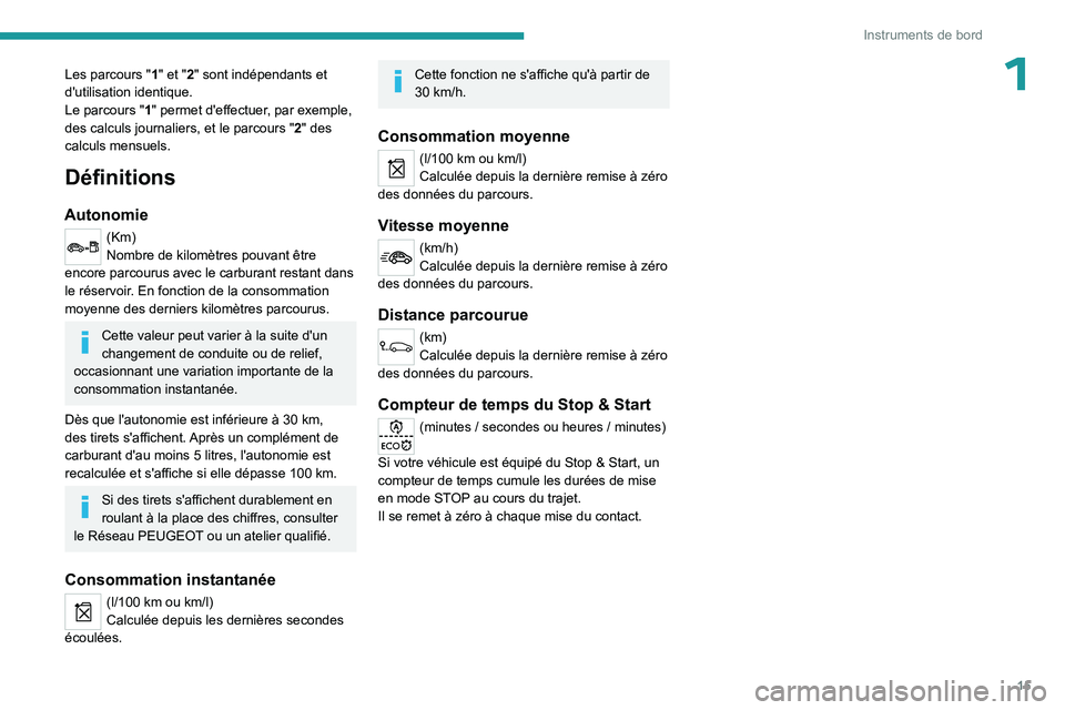 PEUGEOT 301 2022 Manuel du propriétaire (in French) 15
Instruments de bord
1Les parcours "1 " et "2" sont indépendants et
d'utilisation identique.
Le parcours
"1" permet d'effectuer, par exemple,
des calculs journal PEUGEOT 301 2022 Manuel du propriétaire (in French) 15
Instruments de bord
1Les parcours "1 " et "2" sont indépendants et
d'utilisation identique.
Le parcours
"1" permet d'effectuer, par exemple,
des calculs journal
