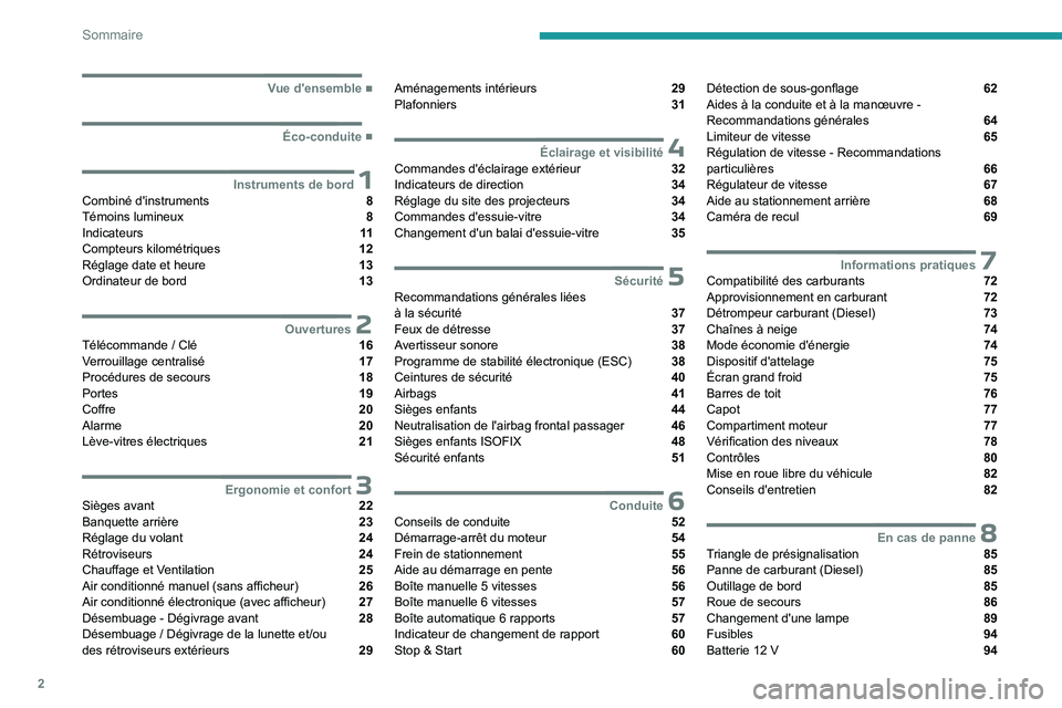 PEUGEOT 301 2022  Manuel du propriétaire (in French) 2
Sommaire
  ■
Vue d'ensemble
  ■
Éco-conduite
 1Instruments de bordCombiné d'instruments  8
Témoins lumineux  8
Indicateurs  11
Compteurs kilométriques  12
Réglage date et heur