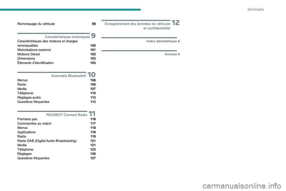 PEUGEOT 301 2022  Manuel du propriétaire (in French) 3
Sommaire
Remorquage du véhicule  98
 9Caractéristiques techniquesCaractéristiques des moteurs et charges 
remorquables   100
Motorisations essence  101
Moteurs Diesel  102
Dimensions  103
Élé