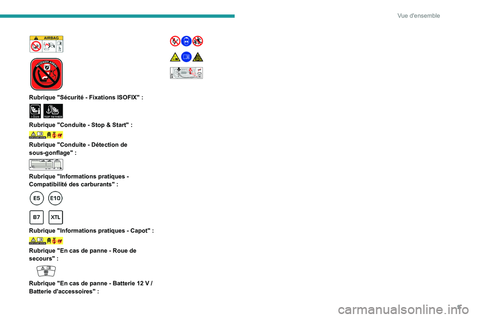 PEUGEOT 301 2022  Manuel du propriétaire (in French) 5
Vue d'ensemble
 
 
 
 
Rubrique "Sécurité - Fixations ISOFIX" : 
i-SizeTOP TETHER 
Rubrique "Conduite - Stop & Start" :  
Rubrique "Conduite - Détection de 
sous-gonflage&