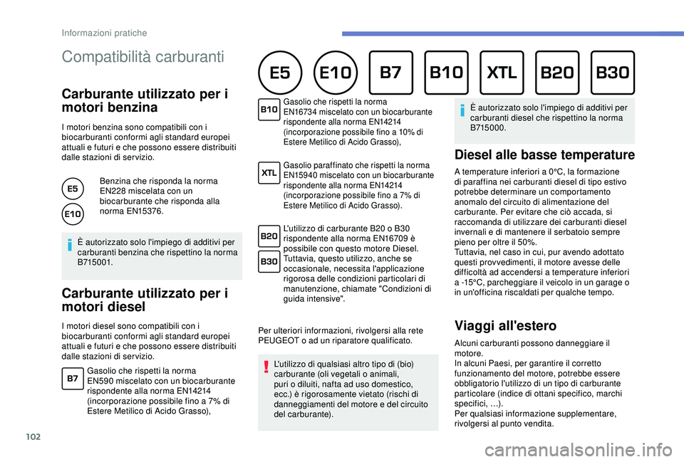 PEUGEOT 301 2022 Manuale duso (in Italian) 102
Compatibilità carburanti
Carburante utilizzato per i
motori benzina
I motori benzina sono compatibili con i
biocarburanti conformi agli standard europei
attuali e futuri e che possono essere PEUGEOT 301 2022 Manuale duso (in Italian) 102
Compatibilità carburanti
Carburante utilizzato per i
motori benzina
I motori benzina sono compatibili con i
biocarburanti conformi agli standard europei
attuali e futuri e che possono essere