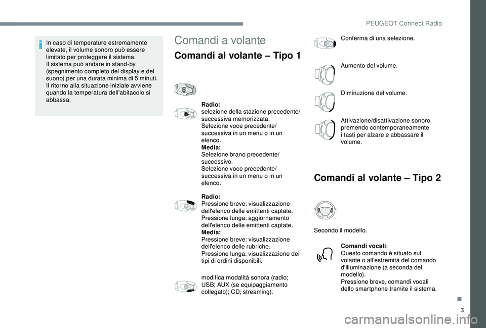 PEUGEOT 301 2022  Manuale duso (in Italian) 3
In caso di temperature estremamente 
elevate, il volume sonoro può essere 
limitato per proteggere il sistema. 
Il sistema può andare in stand-by 
(spegnimento completo del display e del 
suono) p