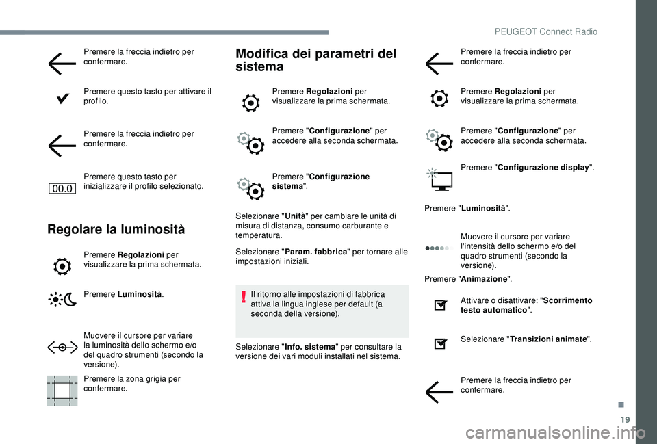 PEUGEOT 301 2022 Manuale duso (in Italian) 19
Premere la freccia indietro per
confermare.
Premere questo tasto per attivare il
profilo.
Premere la freccia indietro per
confermare.
Premere questo tasto per
inizializzare il profilo seleziona PEUGEOT 301 2022 Manuale duso (in Italian) 19
Premere la freccia indietro per
confermare.
Premere questo tasto per attivare il
profilo.
Premere la freccia indietro per
confermare.
Premere questo tasto per
inizializzare il profilo seleziona