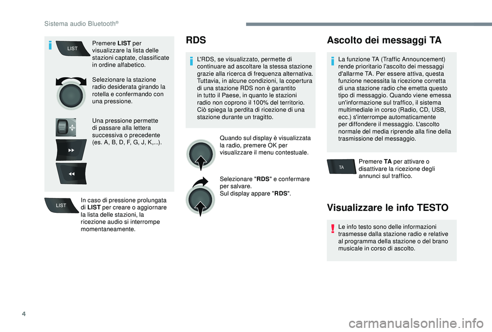 PEUGEOT 301 2022 Manuale duso (in Italian) 4
TA
Premere LIST per
visualizzare la lista delle
stazioni captate, classificate
in ordine alfabetico.
Selezionare la stazione
radio desiderata girando la
rotella e confermando con
una pressione PEUGEOT 301 2022 Manuale duso (in Italian) 4
TA
Premere LIST per
visualizzare la lista delle
stazioni captate, classificate
in ordine alfabetico.
Selezionare la stazione
radio desiderata girando la
rotella e confermando con
una pressione