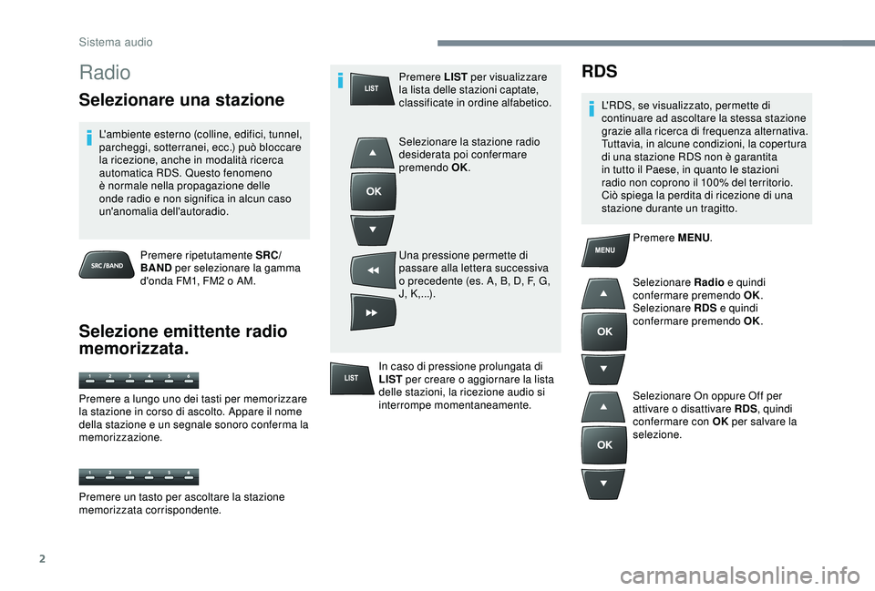 PEUGEOT 301 2022 Manuale duso (in Italian) 2
Radio
Selezionare una stazione
L'ambiente esterno (colline, edifici, tunnel,
parcheggi, sotterranei, ecc.) può bloccare
la ricezione, anche in modalità ricerca
automatica RDS. Questo fenome PEUGEOT 301 2022 Manuale duso (in Italian) 2
Radio
Selezionare una stazione
L'ambiente esterno (colline, edifici, tunnel,
parcheggi, sotterranei, ecc.) può bloccare
la ricezione, anche in modalità ricerca
automatica RDS. Questo fenome